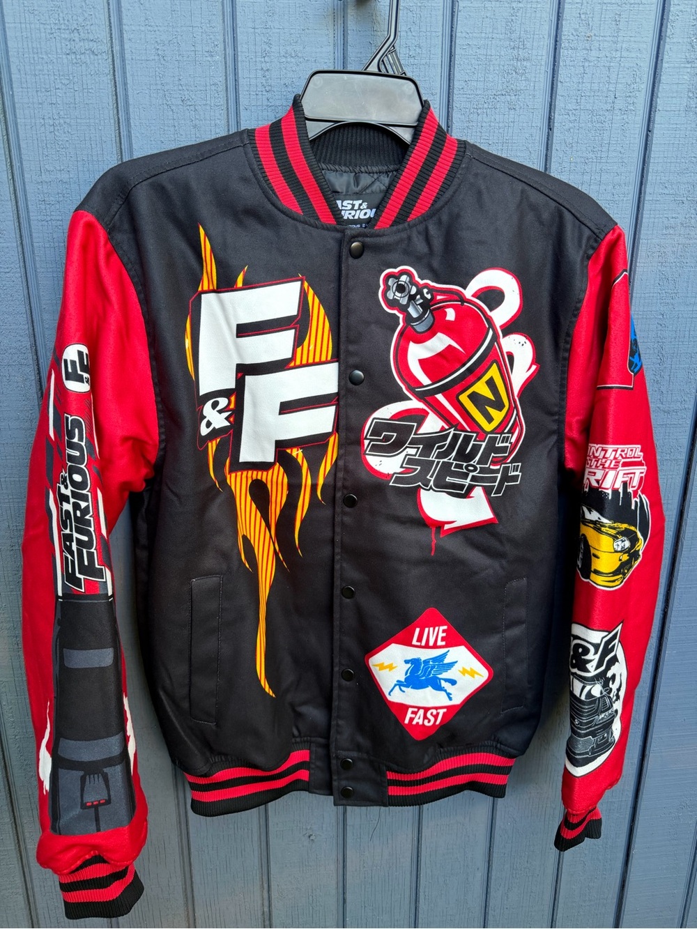 Reason Black and Red Graphic Bomber Jacket with Racing Prints size M